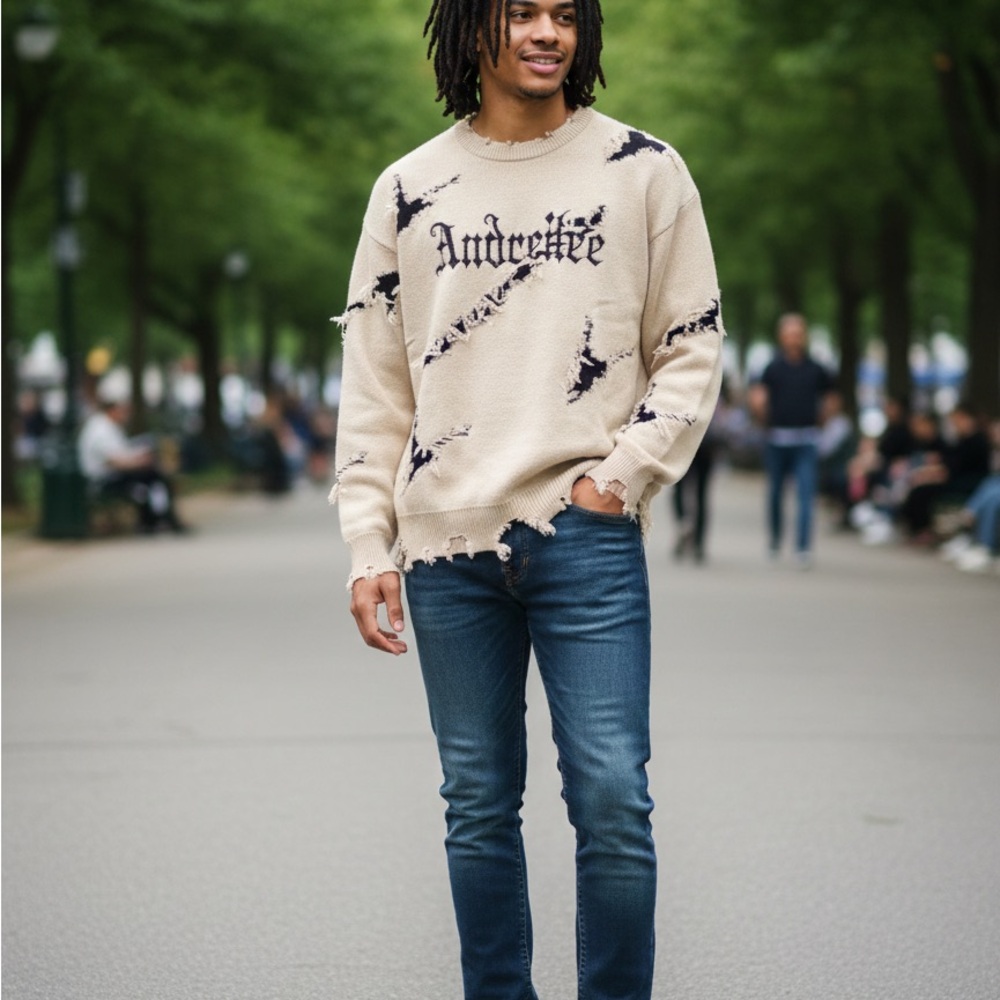 ANDREILEE EMBROIDERED LETTER SWEATER WITH HOLES